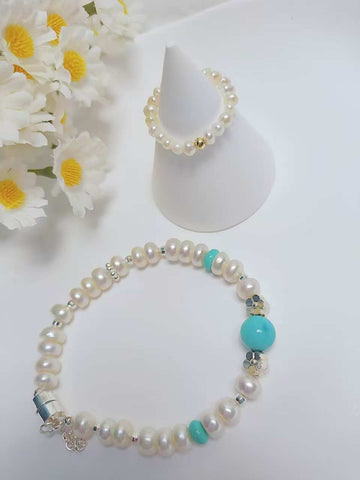 Freshwater Pearl & Turquoise Bracelet VS Beaded Ring Set