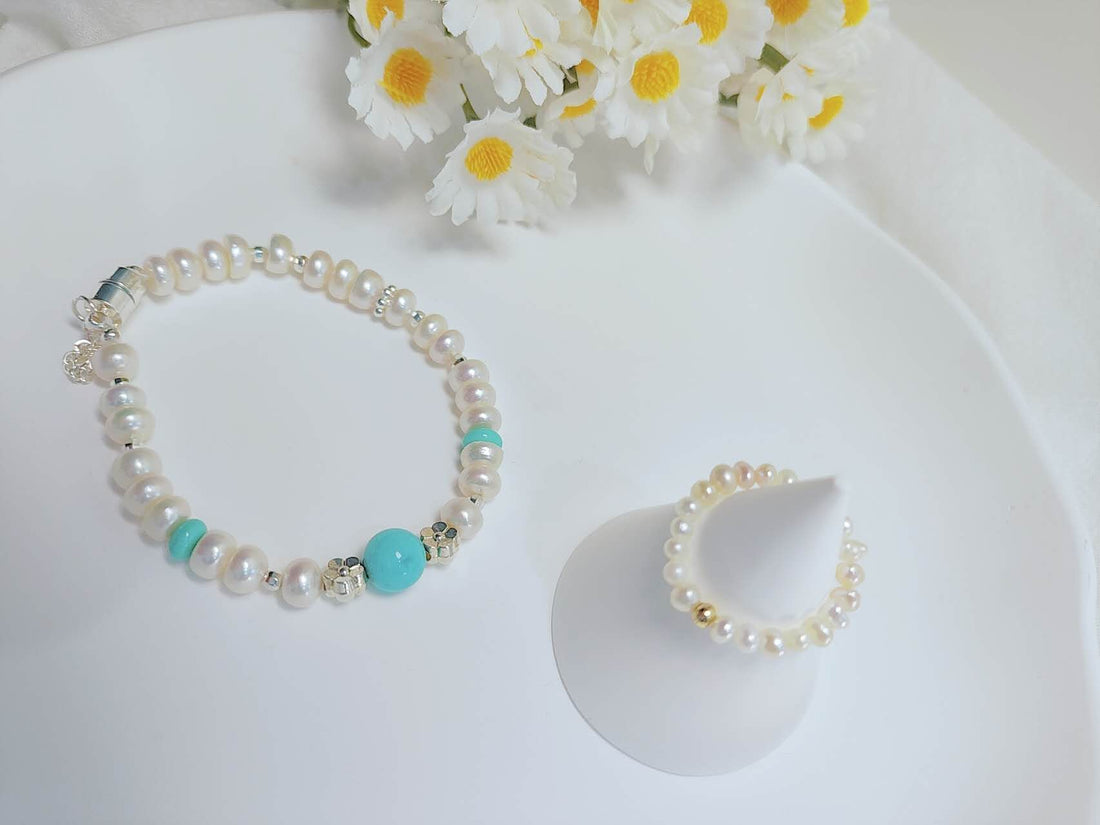 Freshwater Pearl & Turquoise Bracelet VS Beaded Ring Set